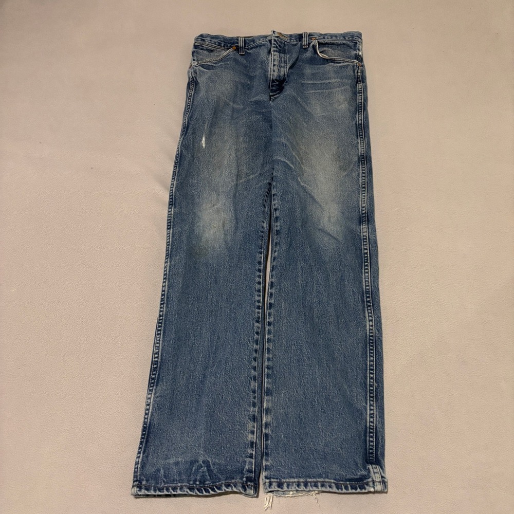 Wrangler 13MWZ Cowboy Cut Jeans Mens 36x34 Blue Denim Distressed Straight Leg
